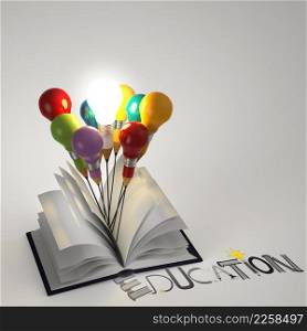 open book with pencil lightbulb 3d and design word EDUCATION as concept