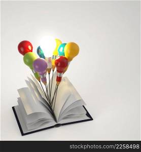 open book with pencil lightbulb 3d as concept 