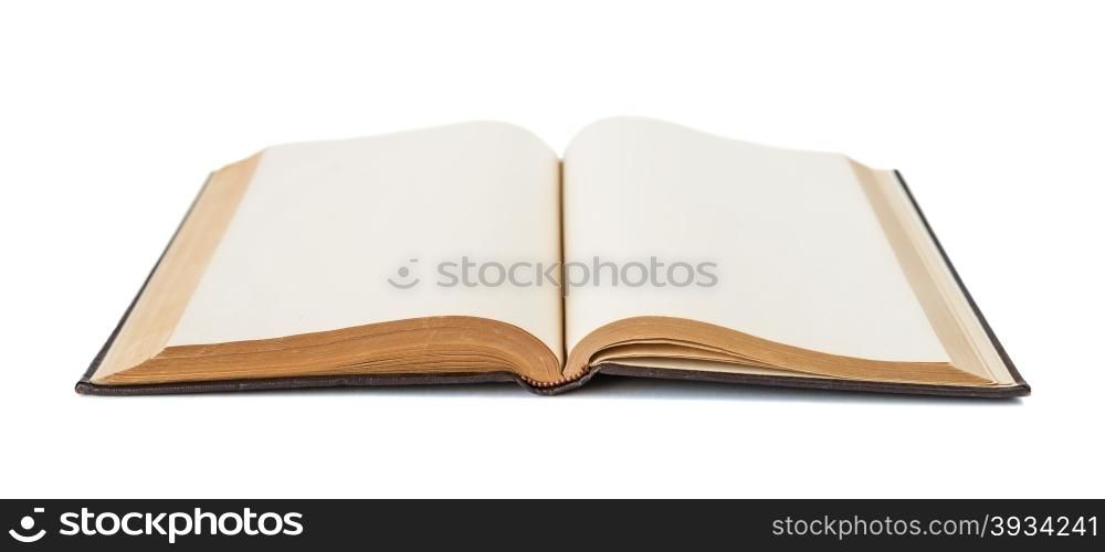 Open book with yellowed empty pages isolated on white background