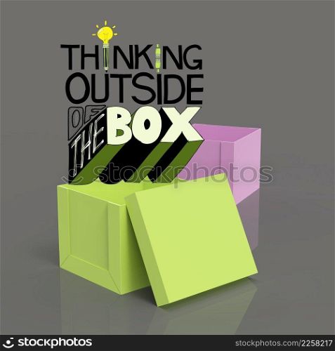 open box 3d and design word THINKING OUTSIDE OF THE BOX as concept 