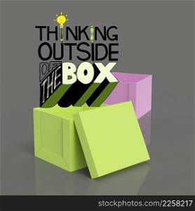 open box 3d and design word THINKING OUTSIDE OF THE BOX as concept 