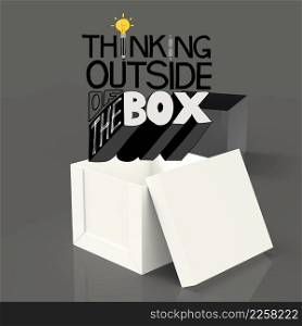 open box 3d and design word THINKING OUTSIDE OF THE BOX as concept