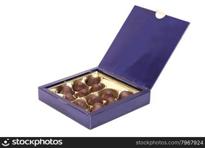Open Box of chocolate candies isolated