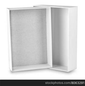 Open box standing on its side isolated on white background. Open box standing on its side
