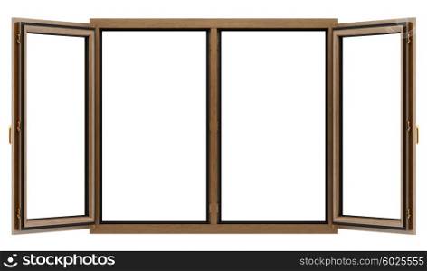 open brown wooden window isolated on white background