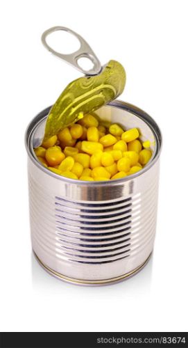 open can of corn isolated on white background