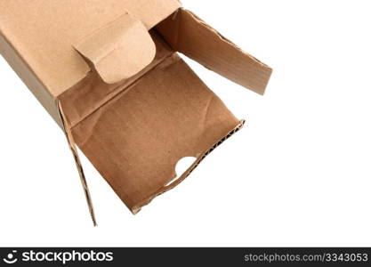 Open cardboard box. Close-up. Isolated on white background.