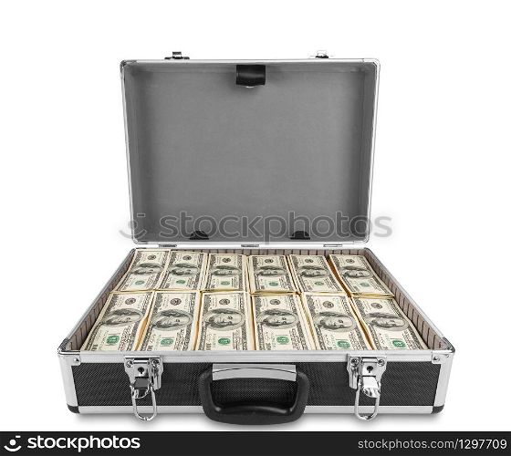 Open case full of dollar on white background