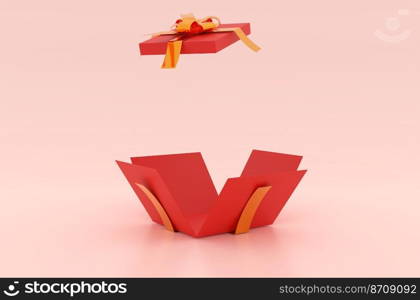 Open Christmas gift box for product advertisement on red or pink background, 3d rendering illustration. Holiday banner, web poster, flyer, stylish brochure, greeting card, Xmas background