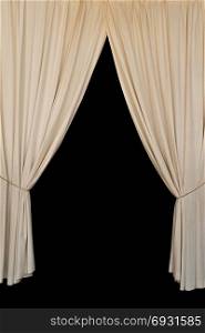 Open curtains elegant drapes tied with rope on black background.