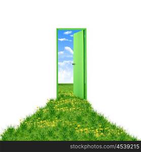 open door leading to beautiful clean nature with green grass and blue sky