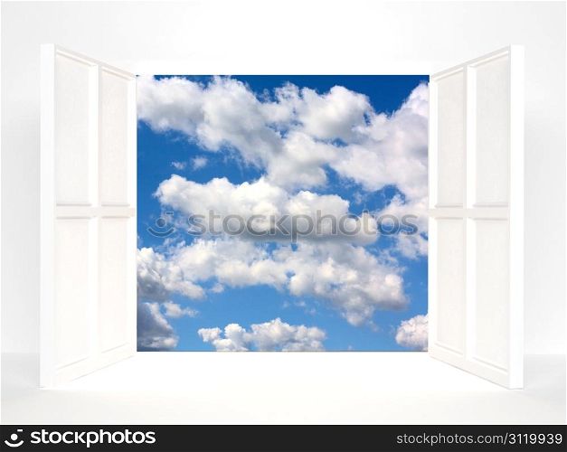 Open doors and sky. 3d rendered image