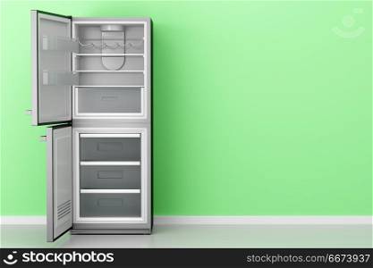 open empty fridge in front of green wall. 3d illustration