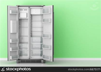 open empty fridge in front of green wall. 3d illustration
