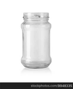Open empty glass jar for food and canned food. Isolated on white background with clipping path