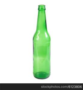 Open empty green beer bottle isolated on the white background
