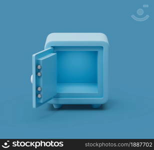 Open empty Safe box front view on blue pastel background with soft shadows. Simple 3d render illustration. Trendy concept. Open empty Safe box front view on blue pastel background with soft shadows. Simple 3d render illustration.