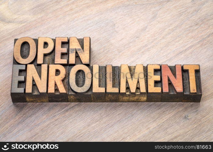 open enrollment word abstract in vintage letterpress wood type