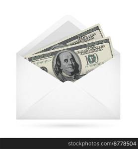 Open envelope containing dollar banknotes on a white background