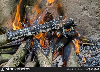 Open fire in the fireplace, prepare coal for barbeque grill