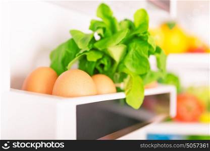 Open fridge, eggs with fresh green rocca on the shelf of refrigerator door, organic food, healthy nutrition concept