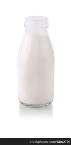 Open glass bottle with milk with shadow isolated on white background