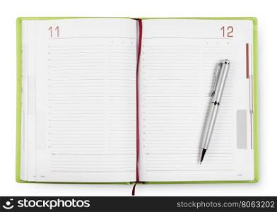 Open green diary with a pen isolated on white background. Open green diary with a pen