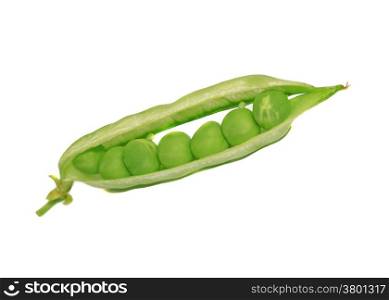 Open green pea pod with peas close-up isolated