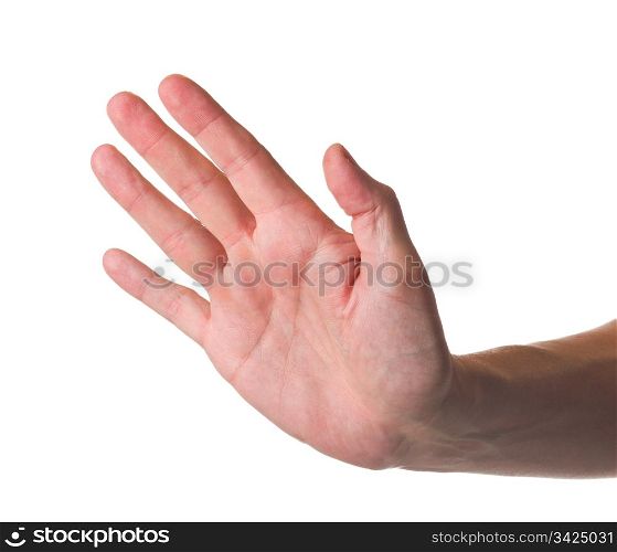 Open hand say stop, white isolated background.