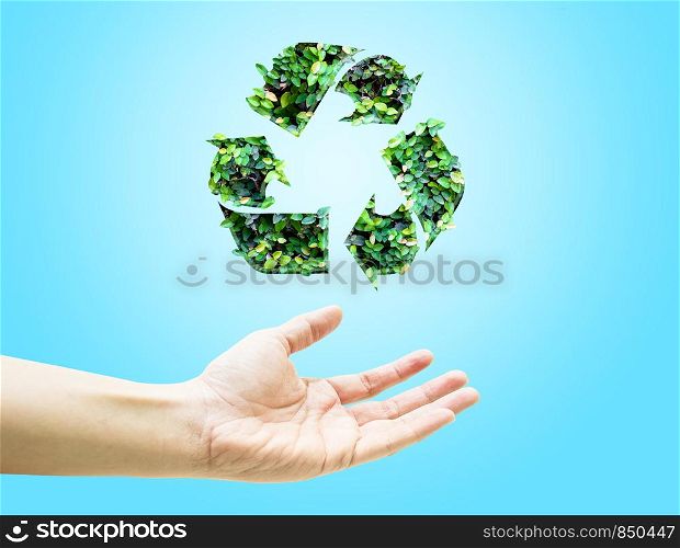 Open hand with green leaf recycle icon on light blue background.
