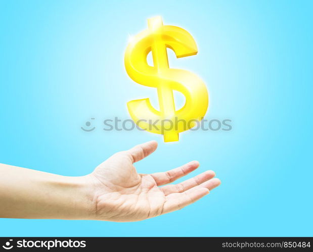 Open hand with shining dollar sign on light blue background.