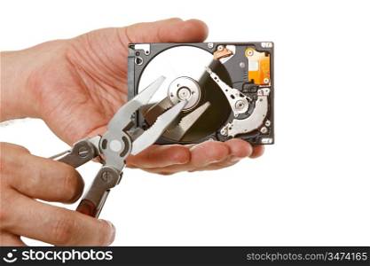 Open hard drive in hand isolated on a white background