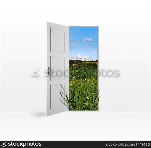 Open house door with a view of nature.