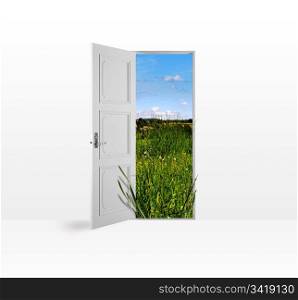 Open house door with a view of nature.