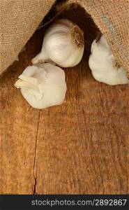 Open jute sack with ripe garlic on wooden board