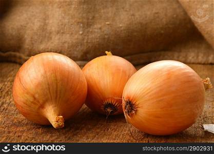 Open jute sack with ripe onions on wooden board