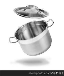 Open kitchen pot with lid isolated on white