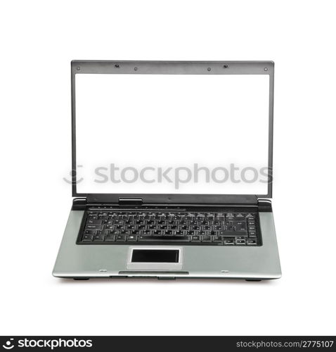 Open laptop showing keyboard and screen isolated on white background