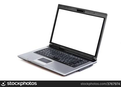 Open laptop showing keyboard and screen isolated on white background
