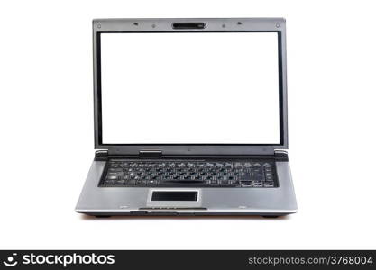 Open laptop showing keyboard and screen isolated on white background