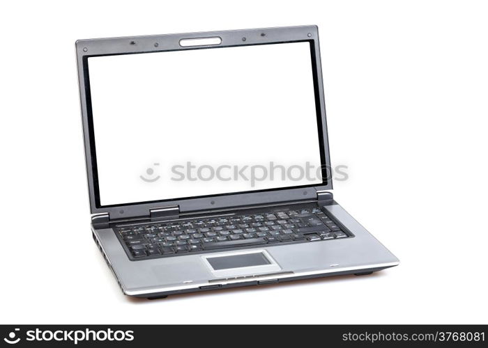 Open laptop showing keyboard and screen isolated on white background