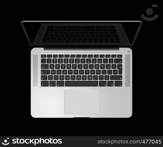 Open laptop top view with black screen, isolated on black. 3D render illustration. Open laptop top view with black screen, isolated on black. 3D render
