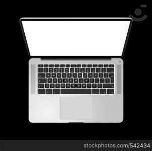 Open laptop top view with blank screen, isolated on black. 3D render illustration. Open laptop top view with blank screen, isolated on black. 3D render