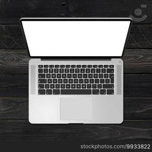 Open laptop top view with blank screen, isolated on black wood background. 3D render illustration. Open laptop top view with blank screen, isolated on black wood background. 3D render