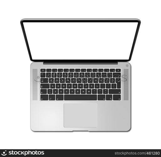 Open laptop top view with blank screen, isolated on white. 3D render illustration. Open laptop top view with blank screen, isolated on white. 3D render