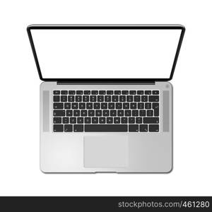 Open laptop top view with blank screen, isolated on white. 3D render illustration. Open laptop top view with blank screen, isolated on white. 3D render
