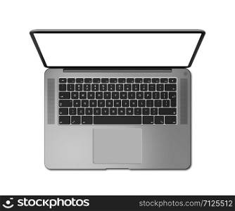 Open laptop top view with blank screen, isolated on white. Dark silver. 3D render illustration. Open laptop top view with blank screen, isolated on white. Dark silver. 3D render