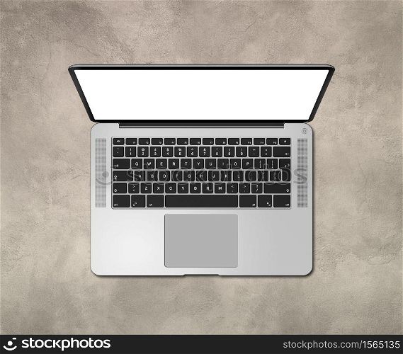 Open laptop top view with blank screen on concrete desk. 3D render illustration. Open laptop top view with blank screen on concrete desk. 3D render