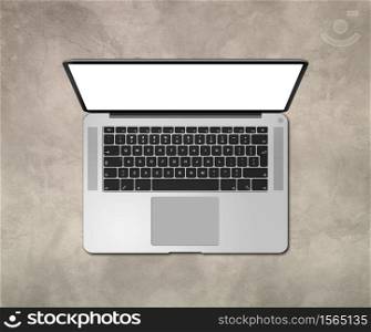 Open laptop top view with blank screen on concrete desk. 3D render illustration. Open laptop top view with blank screen on concrete desk. 3D render