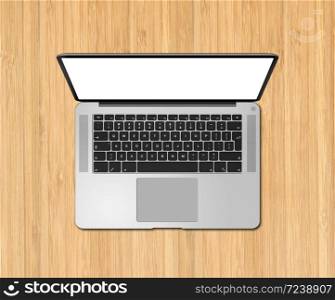 Open laptop top view with blank screen on wooden desk. 3D render illustration. Open laptop top view with blank screen on wooden desk. 3D render